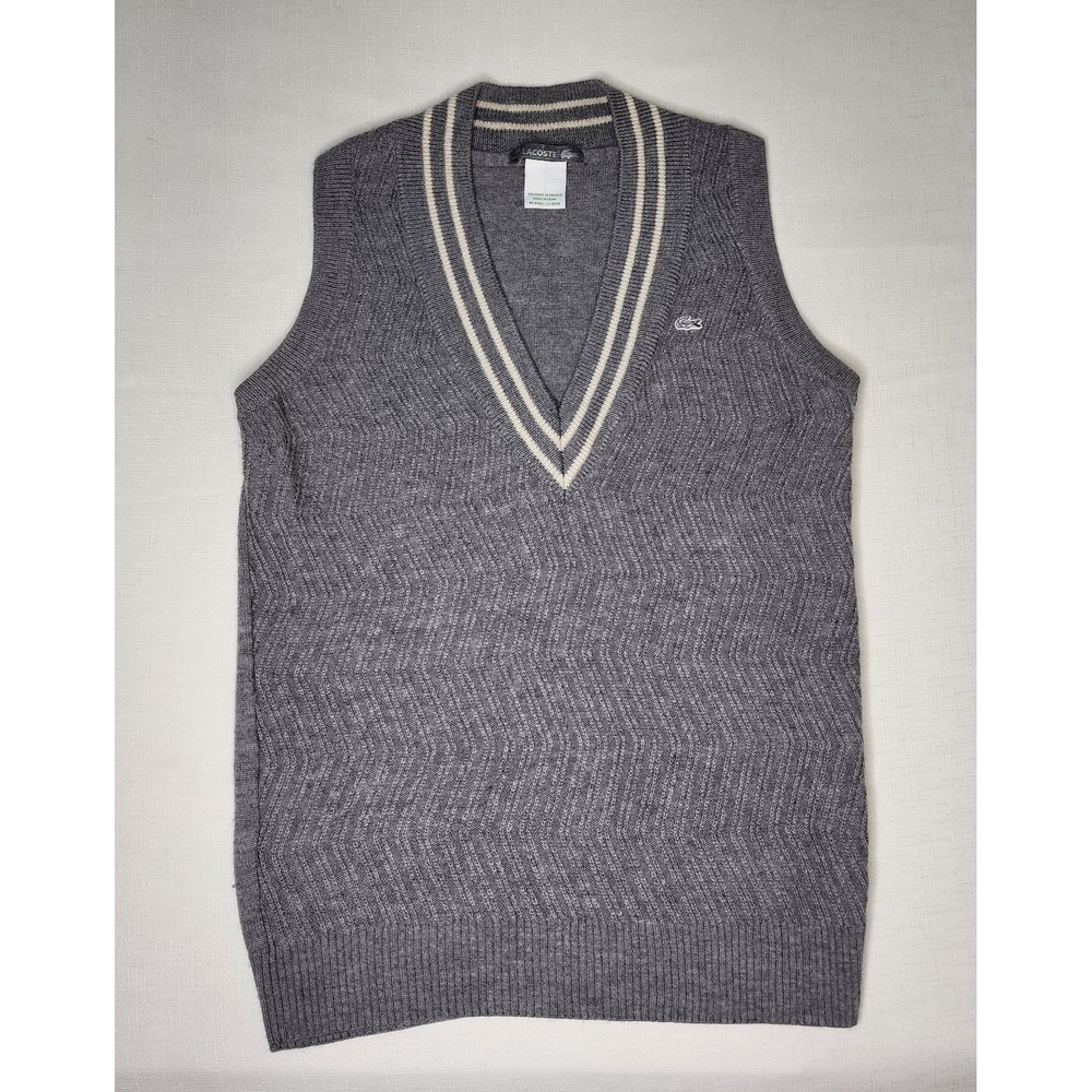 Lacoste Sweater Vest Gray V Neck Embroidered Croc Logo Wool Pullover Lg Preppy
